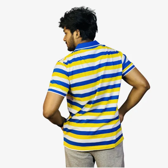 Men's Blue Yellow White Striped Polo T-Shirt | Premium Cotton Regular Fit